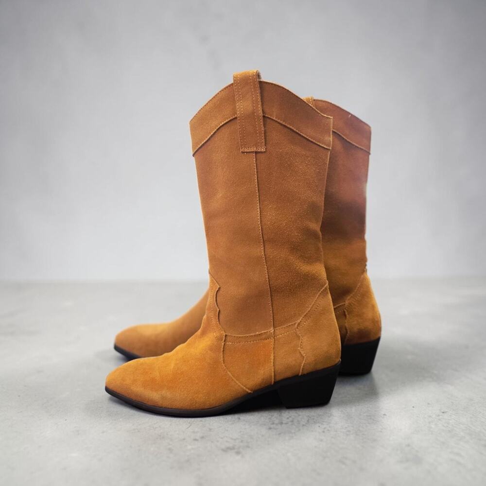 Brown Suede Western Cowboy Boots Pointed Toe Mid Calf Cowgirl Size 38 / US 7.5